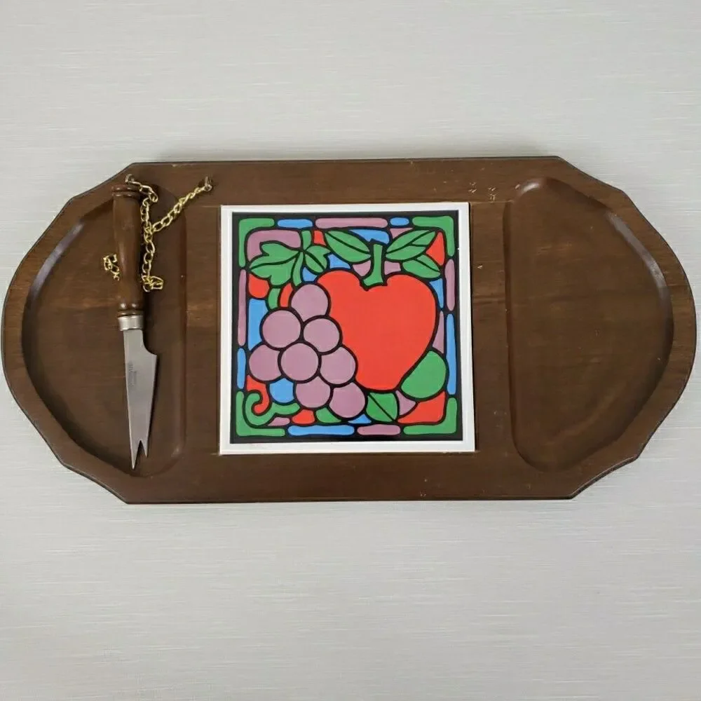 Vintage Charcuterie Board w/ Knife Cheese Platter Oval Wood Tray MCM